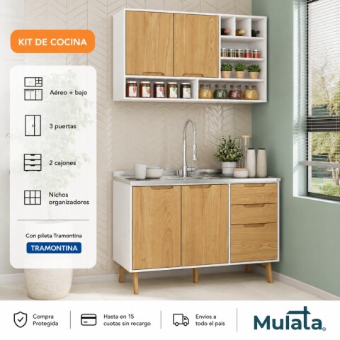 Combo de Cocina Wood Melilla Bajo Mesada Pileta Central y Aéreo con Piezas de Madera - Blanco Combo de Cocina Wood Melilla Bajo Mesada Pileta Central y Aéreo con Piezas de Madera - Blanco