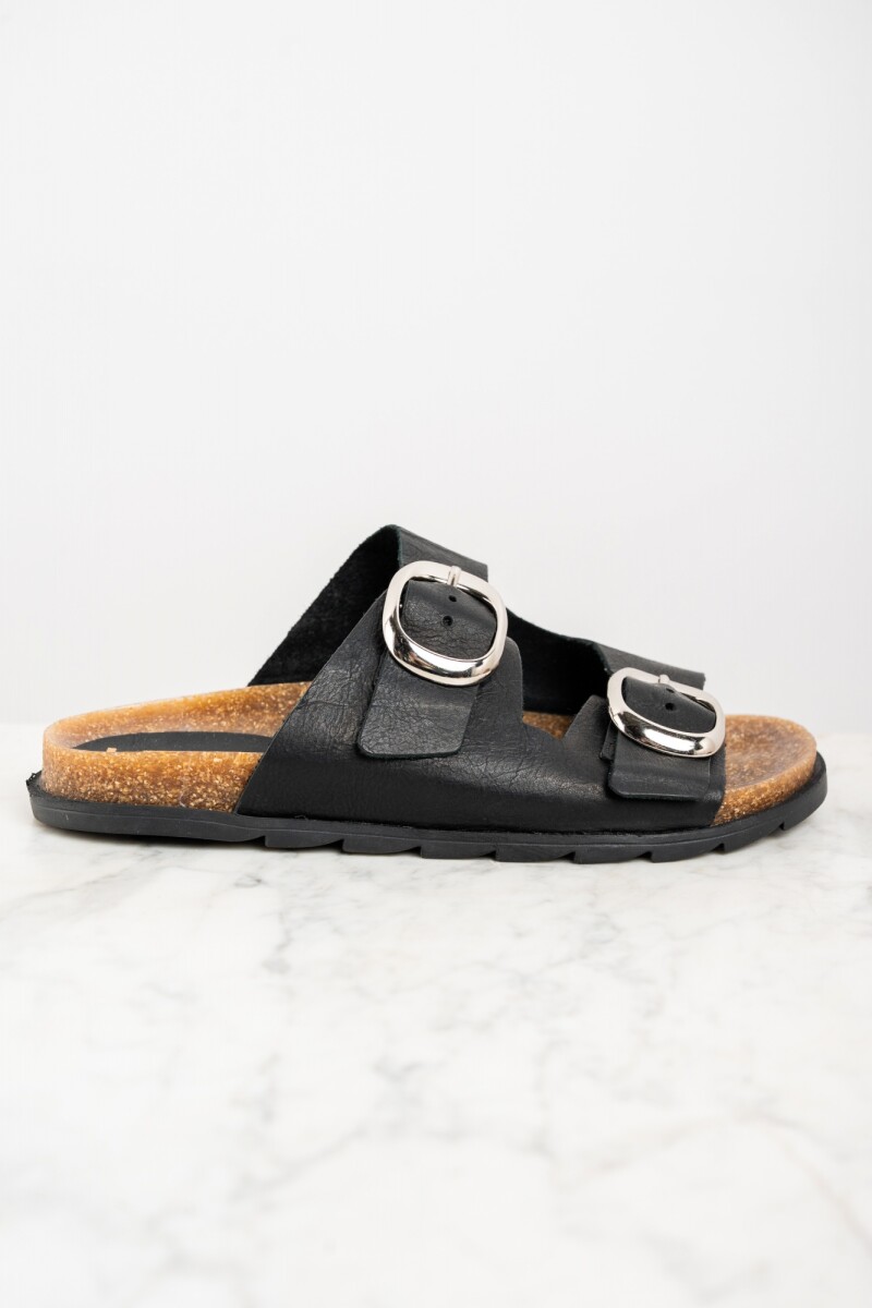 Sandalia Cuero Con Hebillas - Negro 