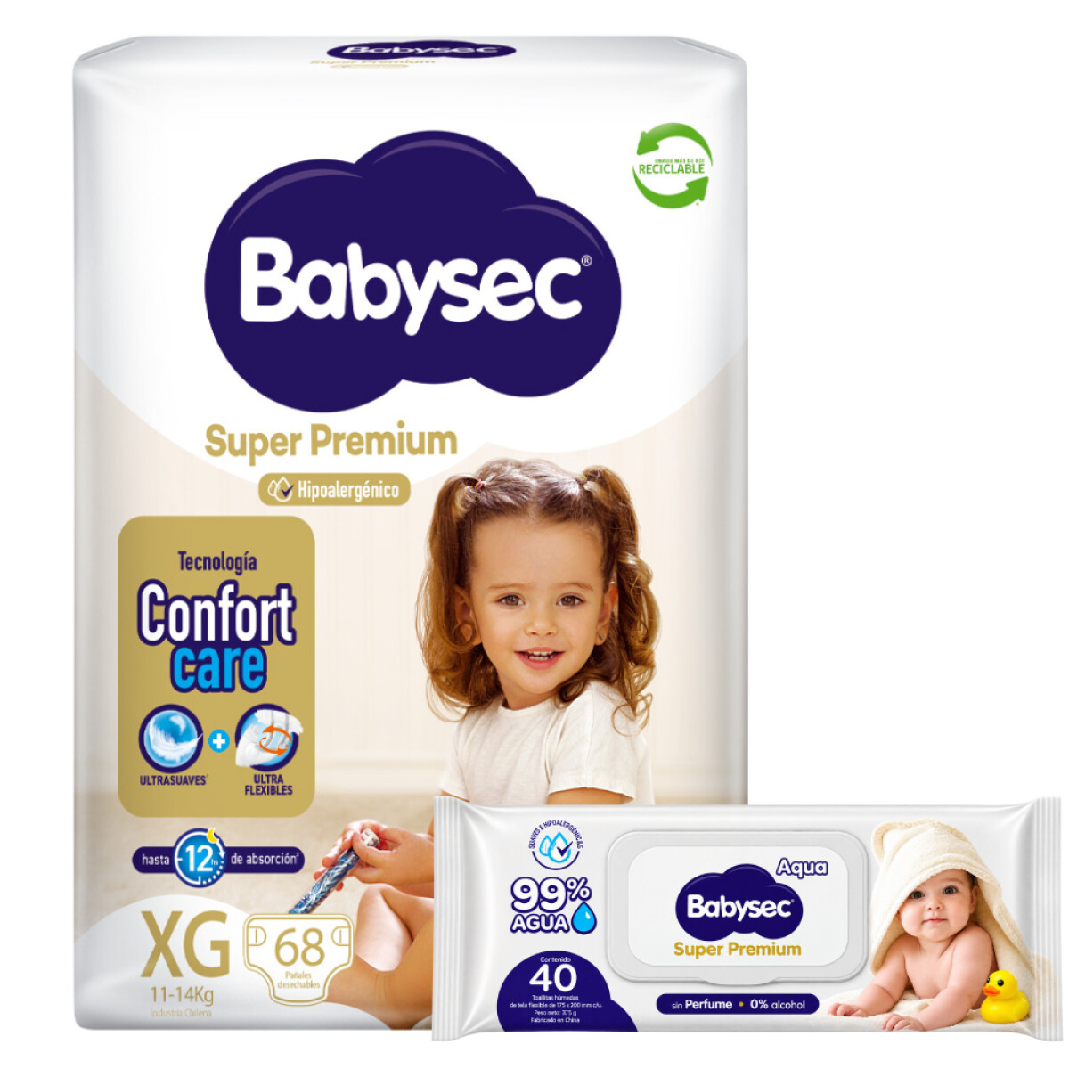 Pack Pañales Babysec Super Premium XG 68 Unidades + Toallitas Cuidado Sensible 