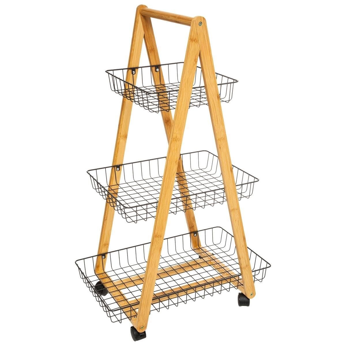 Carrito Organizador de Bambú con 3 Canastas Metálicas y Ruedas | Multiuso para Cocina, Baño y Lavadero 