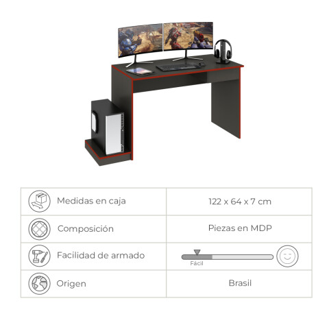 Escritorio gamer con cajón y base para Torre o CPU adaptable Grafito / Rojo