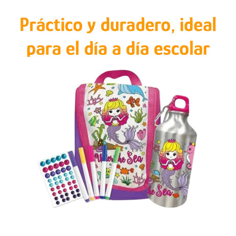 Set Lanchera Y Botella P/Colorear Infantil C/Fibras Stickers Rosa/violeta