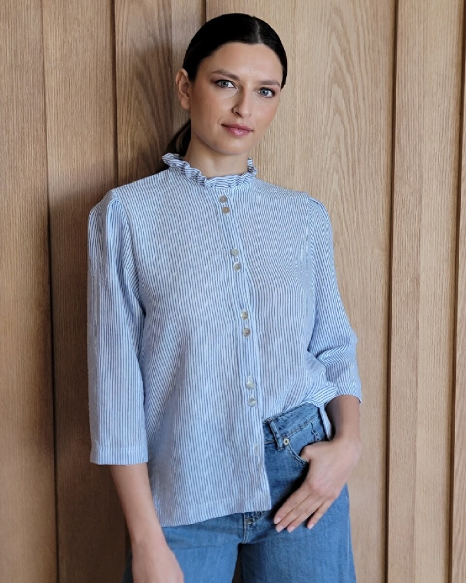 Camisa Carlotta 2.0 - Lino Raya Azul fina 