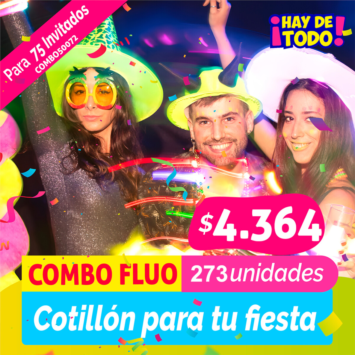 Combo Cotillon Fluo Luminoso 75 Invitados - 255 Articulos 