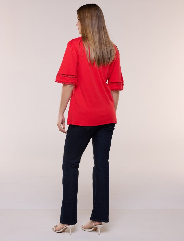 Remera De Algodón Con Detalles De Puntilla ROJO