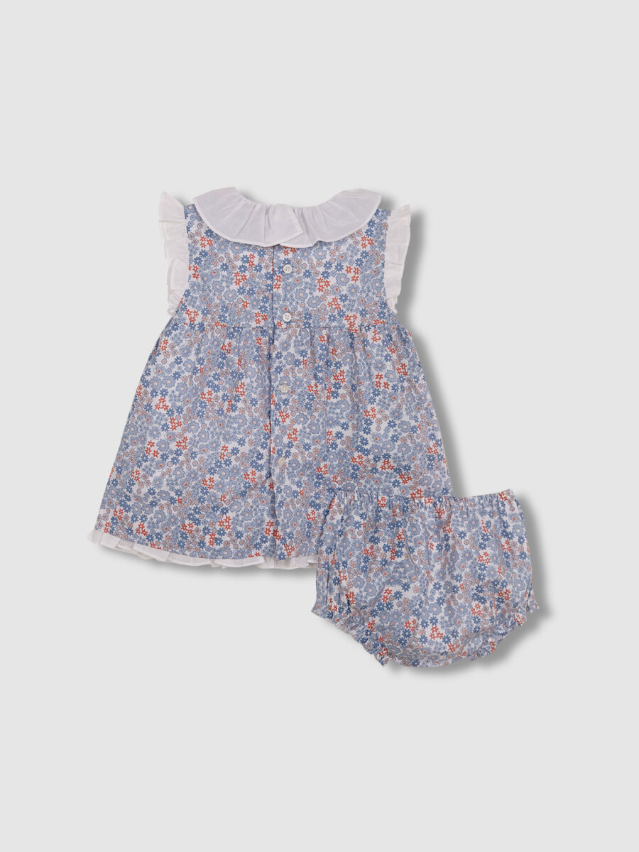 Vestido De Florecitas Con Nido De Abeja Azul Claro
