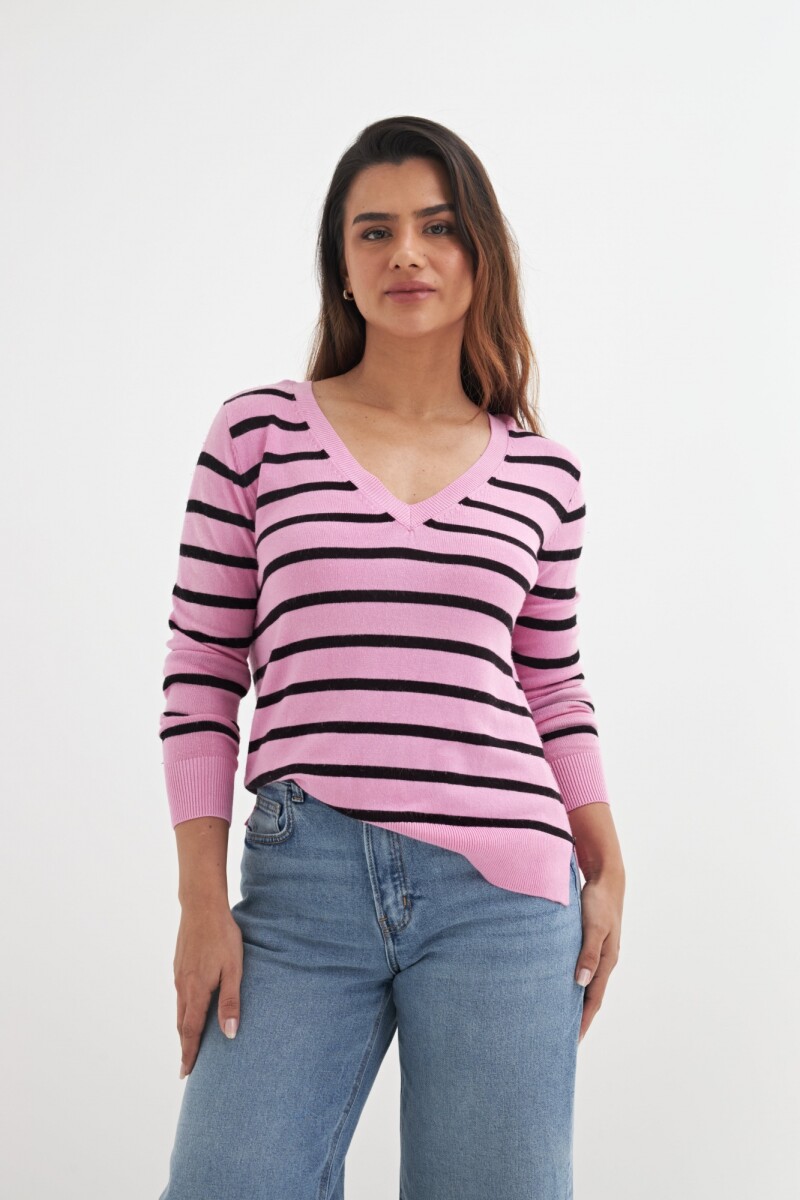 Sweater escote V rayas - Rosa 