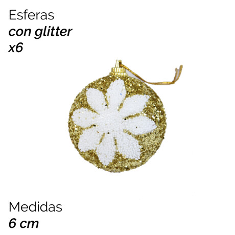 Esferas Doradas Con Flor Blanca Y Glitter X6 - 6cm Unica