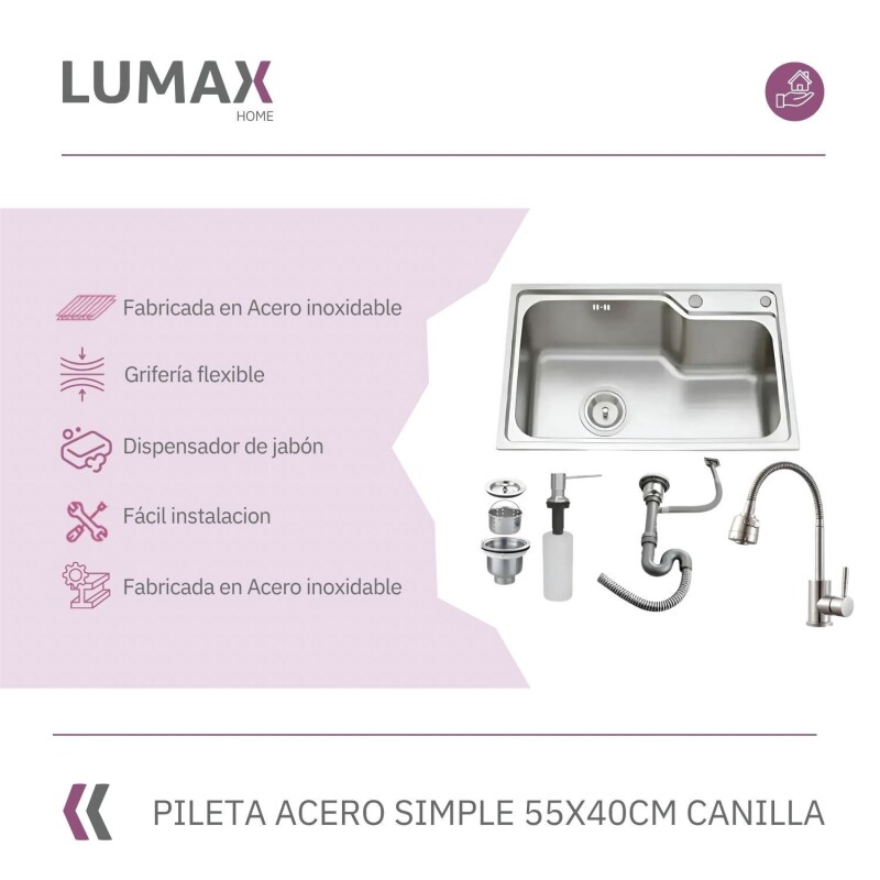 Pileta de cocina Lumax Acero Simple Canilla flexible 55x40 cm Plateado