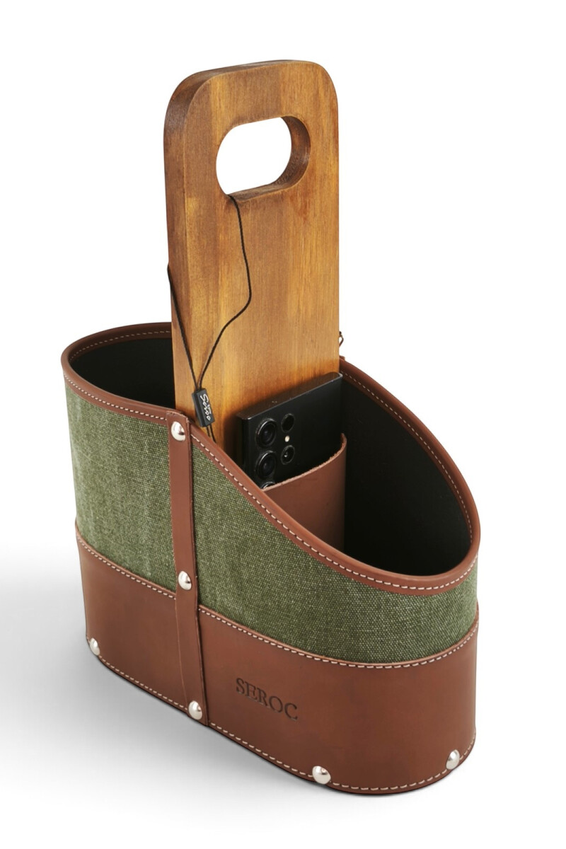 Porta termo y mate en madera y lona con porta celular y porta bombilla Verde