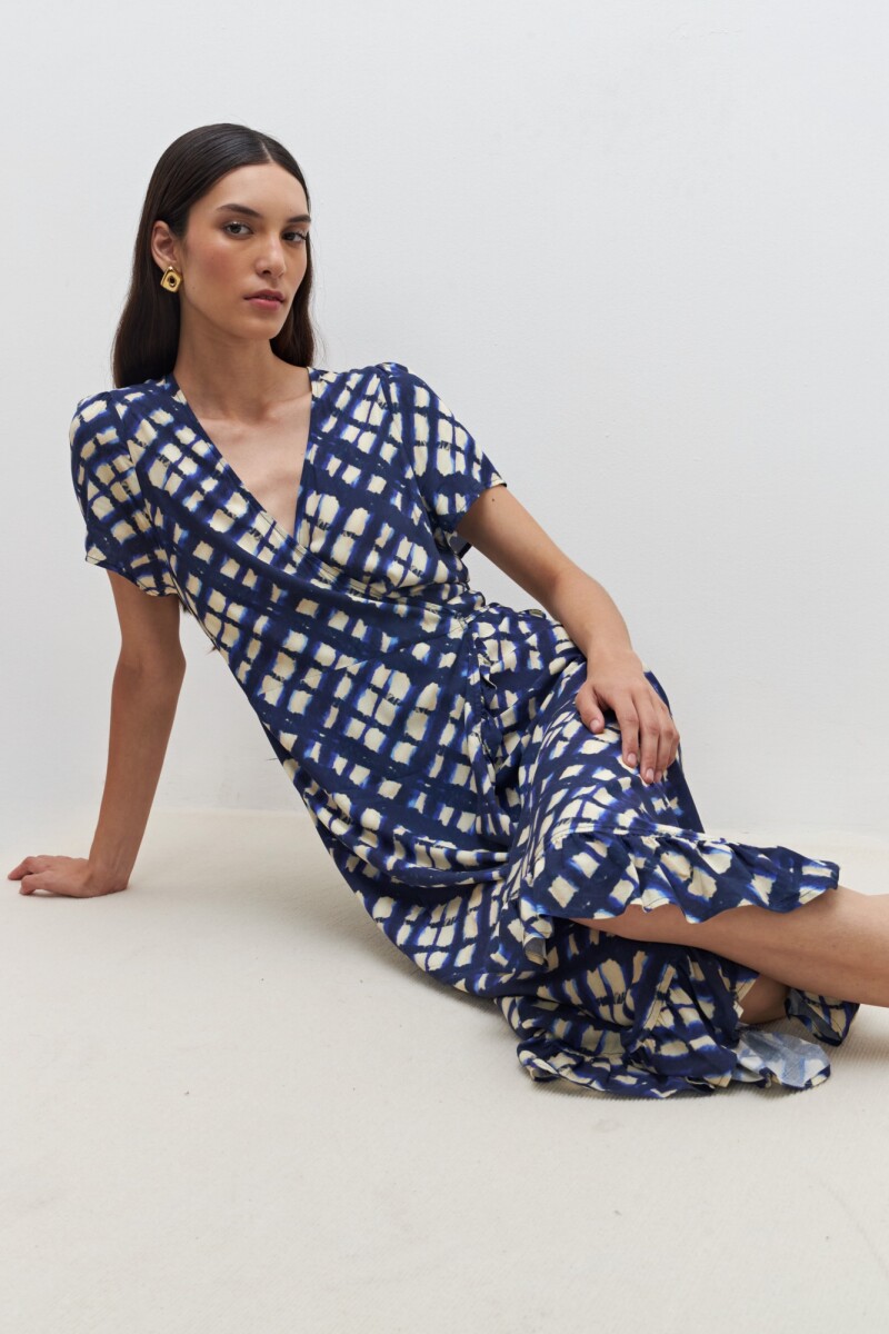 Vestido cruzado estampado - azul marino 