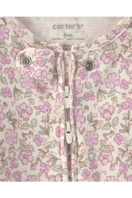 Pijama una pieza de algodón, con pie, lila y crema, diseño floral Pijama una pieza de algodón, con pie, lila y crema, diseño floral
