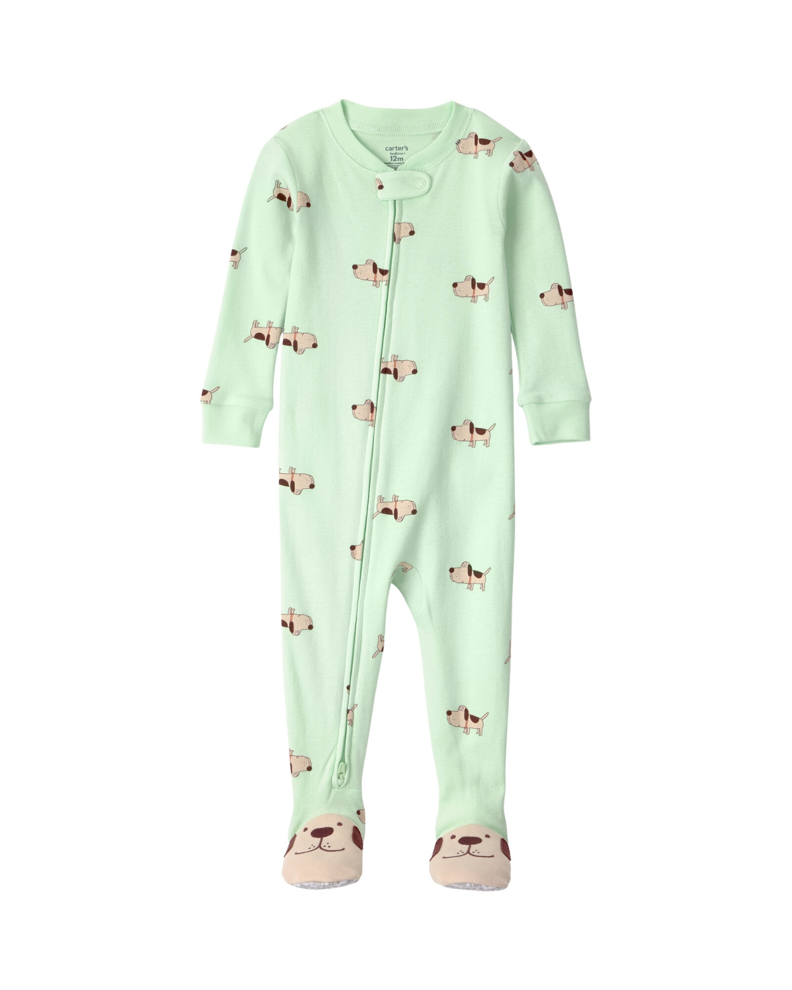 Pijama enterito de algodón con pie, verde, diseño perros. Talles 12-24M Sin color