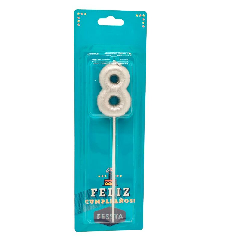 Vela Fessta Número Diseño Globo Plateada OCHO