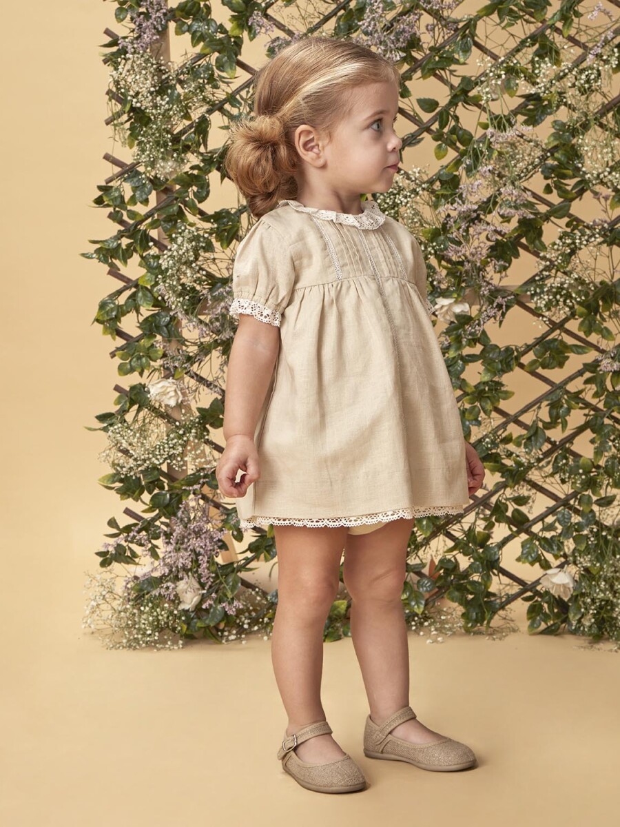 Vestidode Lino Con Tiras Bordadas Marron
