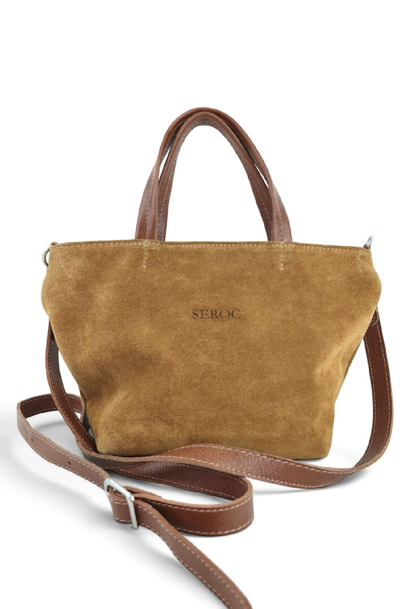 Cartera balde chica en cuero y gamuza Camel