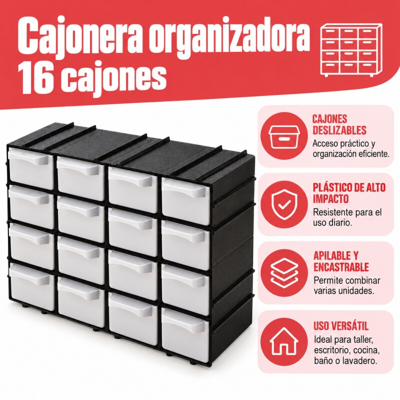 Gavetero organizador de plástico 16 cajones NEGRO