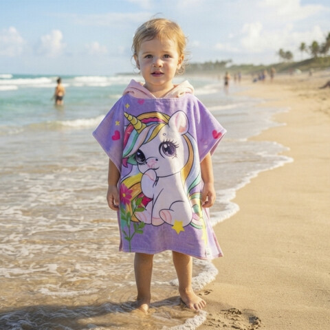 Bata Poncho Infantil Varios Diseños 100% Algodón 60 x 60 cm Unicornio