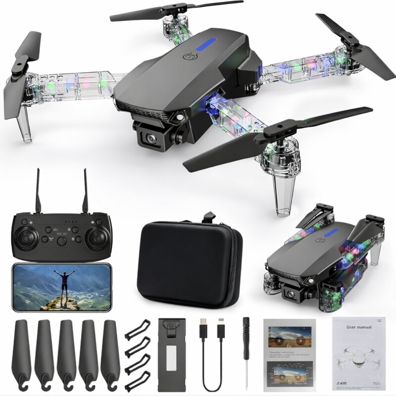 Drone Plegable Camara 480p Luces Led Estuche Control Remoto Negro Drone Plegable Camara 480p Luces Led Estuche Control Remoto Negro
