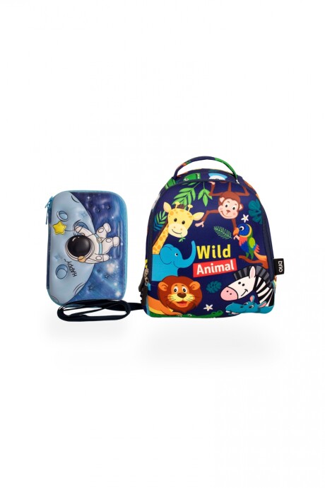 Set de mochila infantil de neopreno y cartuchera con divisiones brio set-astronauta-animales