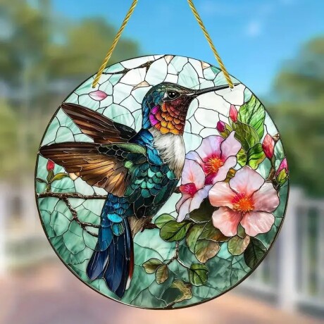 Cuadro Redondo Estilo Vitral Colibrí Y Néctar De Flores