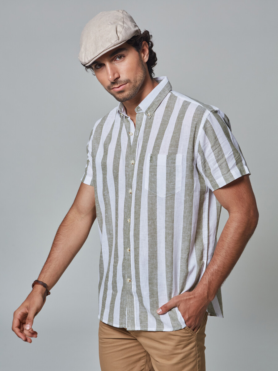 Camisa lino m/c rayada - oliva 