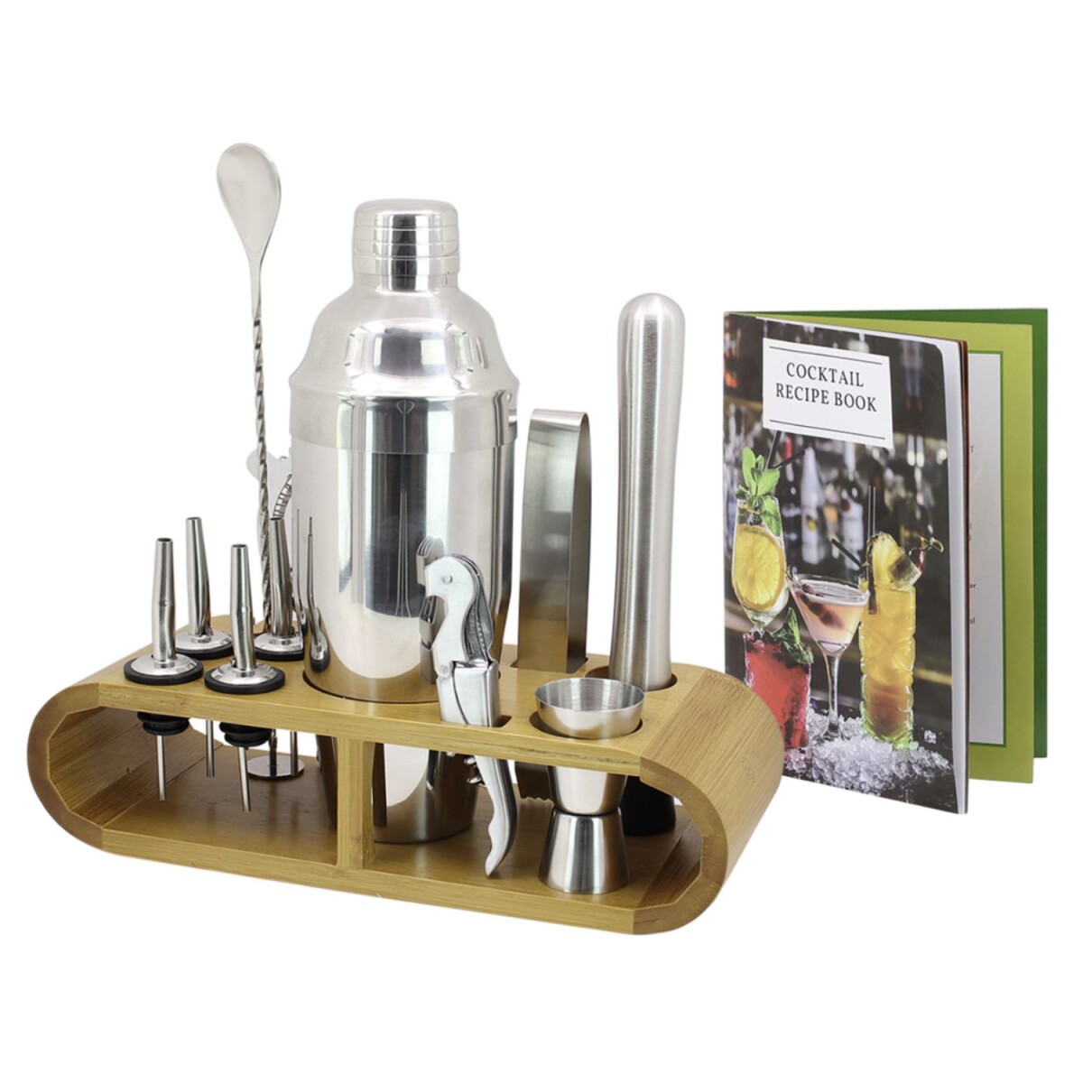 Set de Coctelería 12 Piezas Acero base de Madera 
