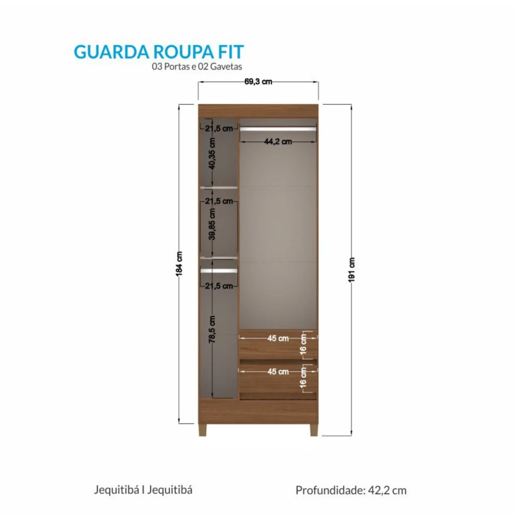 Ropero 3 puertas 2 cajones - Terminación Jequitibá - Linea FIT Ropero 3 puertas 2 cajones - Terminación Jequitibá - Linea FIT