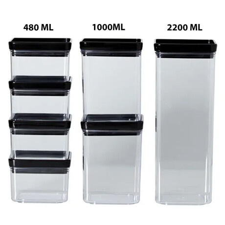 Kit Lumini X7 Frascos Potes Herméticos Cuadrados y Apilables Negro