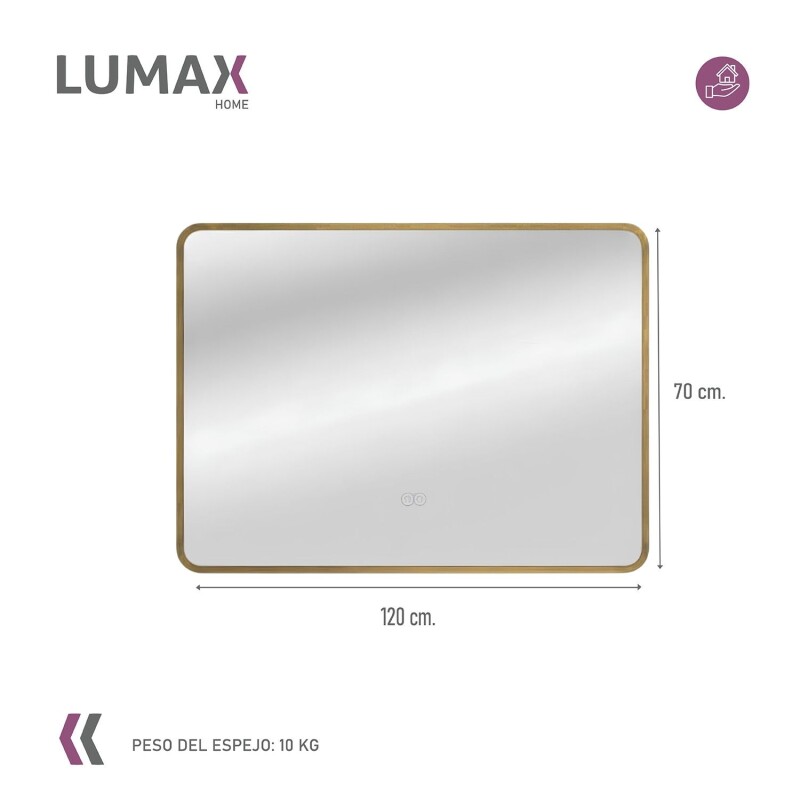 Espejo Horizontal Lumax c/marco desempañador y luz 120x70cm Dorado