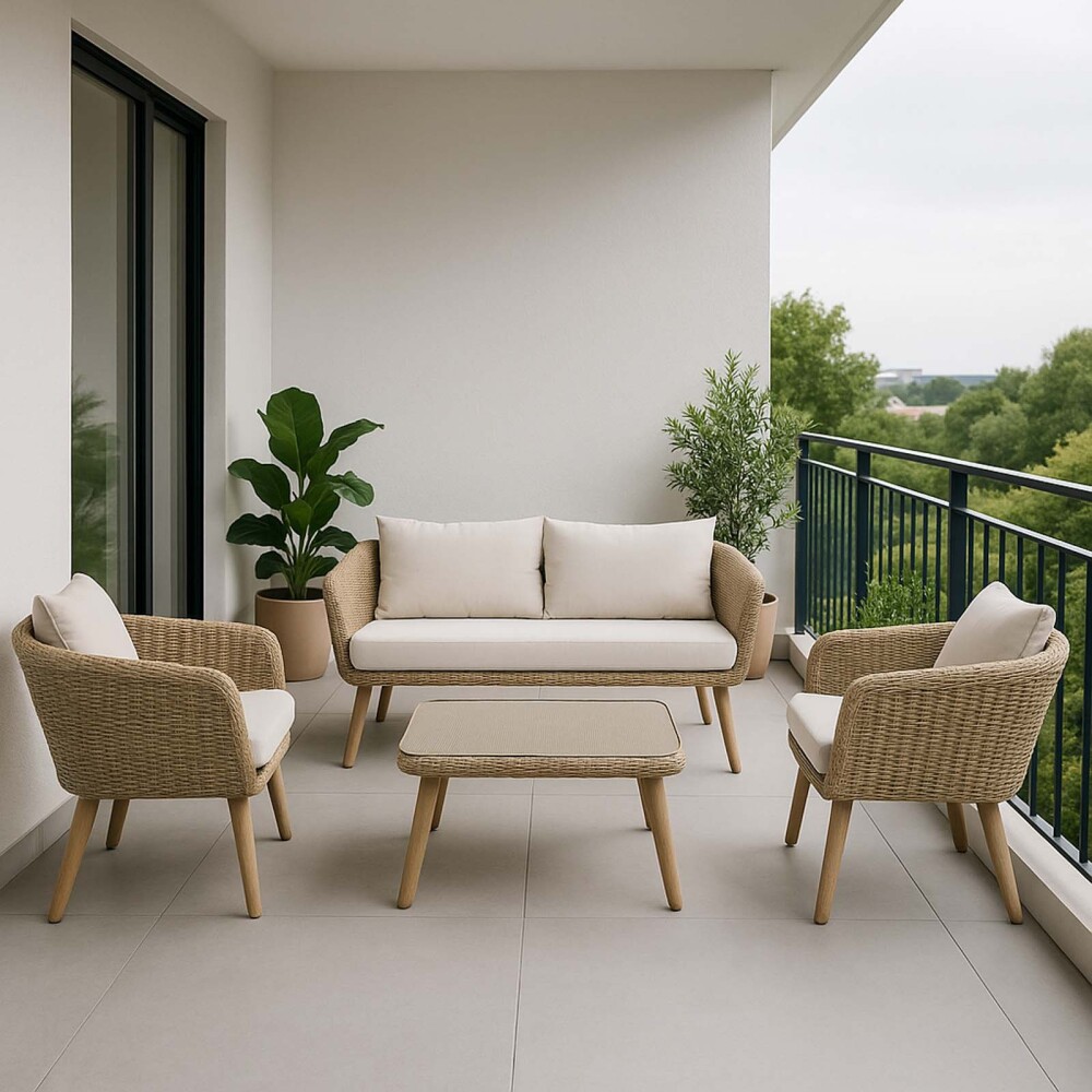 SET DE LIVING RATTAN-SINTETICO-Y-ACERO NATURAL-BEIGE TOULOUSE (1+2+1)