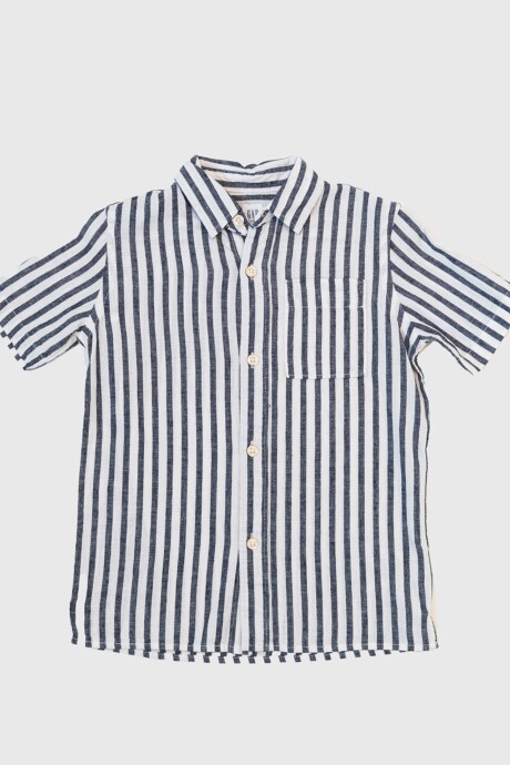 Camisa De Lino Manga Corta Niño White Navy Stripe