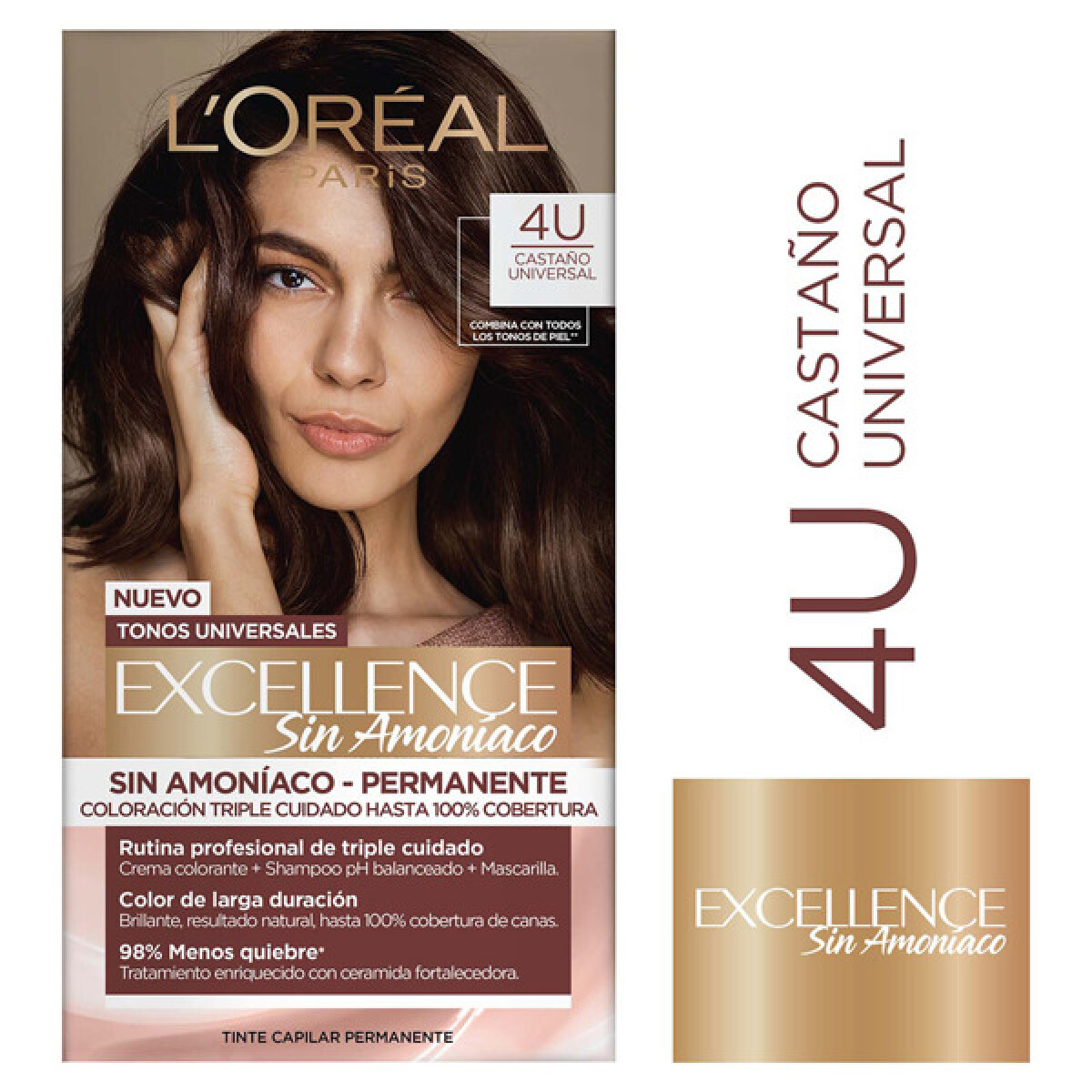 Tinta L’Oréal Excellence Sin Amoníaco N°4U Castaño Universal – Color Natural y Duradero