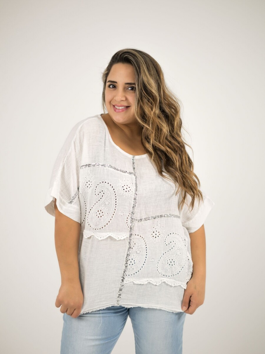 Blusa 100% lino con broderie y brillo blanca