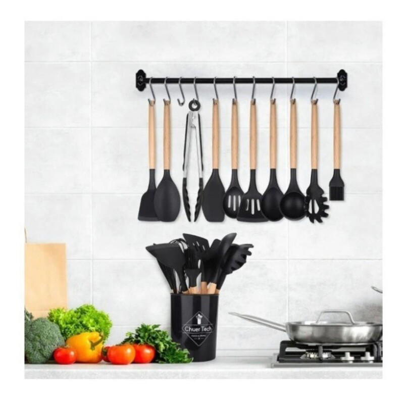 Utensilios Cocina Menage Juego Set X12 Madera Y Silicona Color Negro