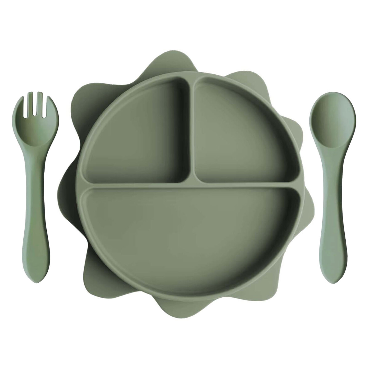 Set Comida Bebé Plato Sol con Divisiones + Cuchara y Tenedor - Verde 