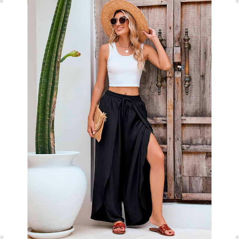 Pantalón Palazzo Elastizado Liso con Abertura Negro