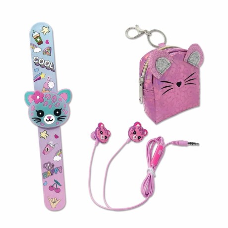 Set Infantil de Auriculares c/Micrófono + Pulsera y Monedero Leopardo