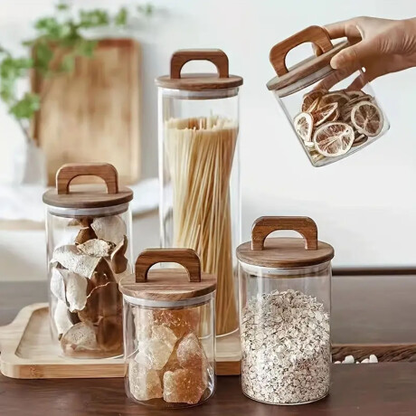 Frasco Tarro Recipiente en Vidrio y Tapa Madera c/ Asa 950Ml Transparente