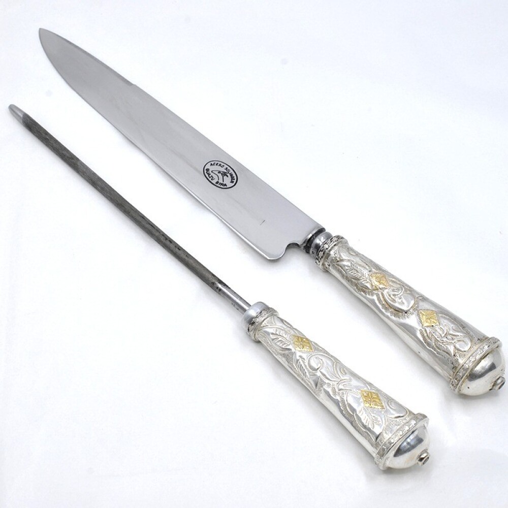 Cuchillo Hoja De 20 Cm Y Chaira, Cabo Plata Y Oro, Vaina De Cuero Cuchillo Hoja De 20 Cm Y Chaira, Cabo Plata Y Oro, Vaina De Cuero