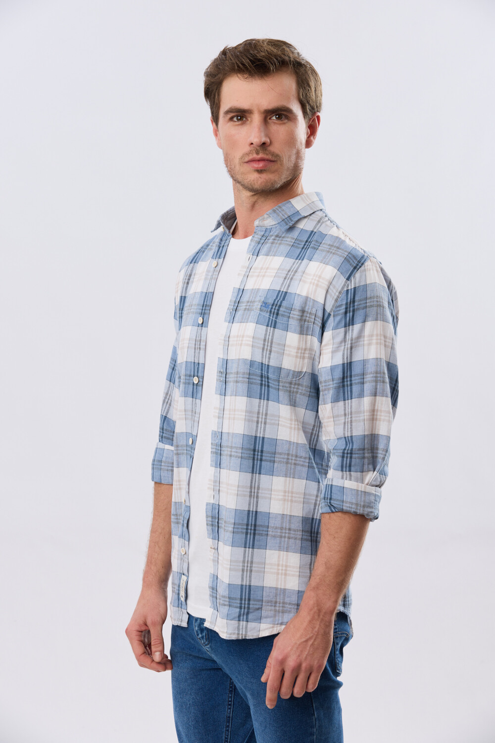 CAMISA CUADROS DE LINO Celeste