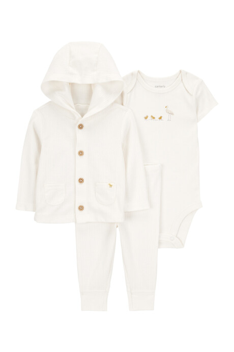 Set tres piezas de algodón, pantalón, saco con capucha y body Set tres piezas de algodón, pantalón, saco con capucha y body