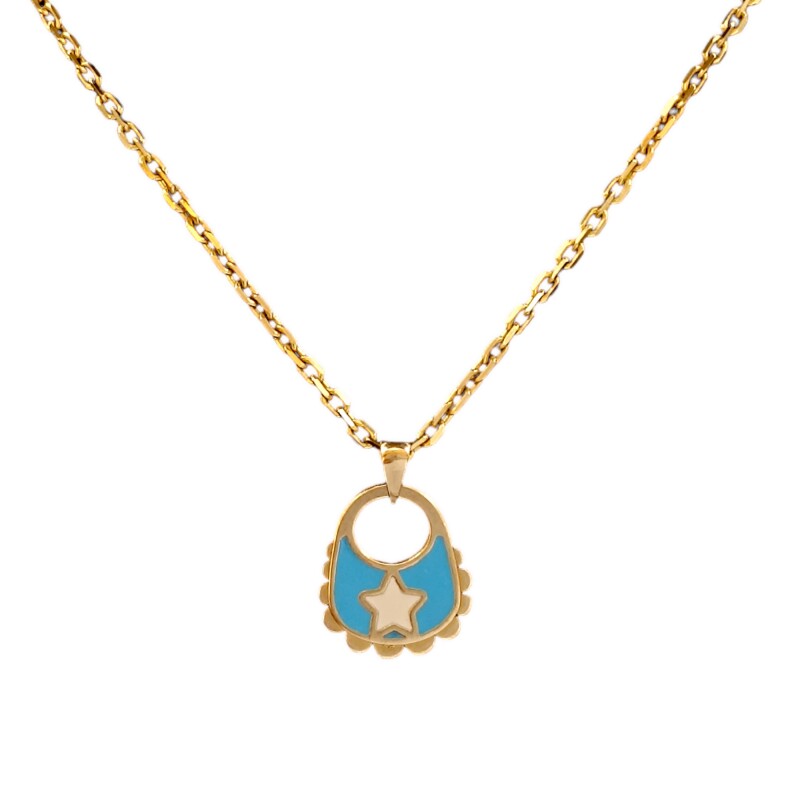 Dije Babero-Oro bajo-Resina celeste y blanca-CP8504 sinpiedra
