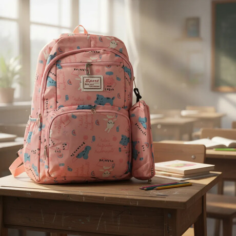 Set Mochila 3 Piezas Diseño Animalitos Escolar Resistente Rosa Claro
