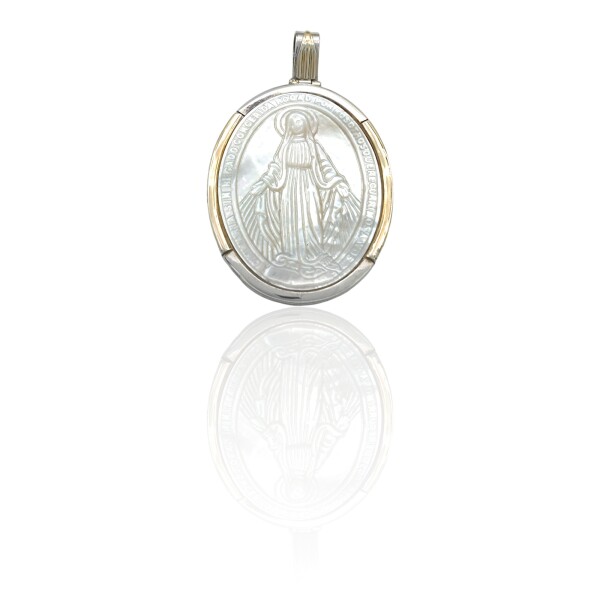 Dije Colgante Oval Virgen Milgrosa-Plata 925 y Oro-Con piedraa Nacar-CP5207 Conpiedra