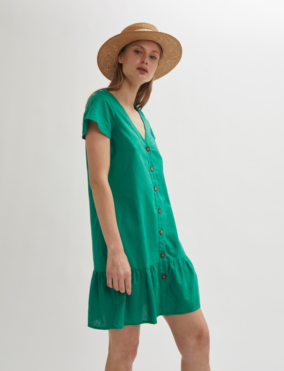 Vestido de lino con botones - verde esmeralda 