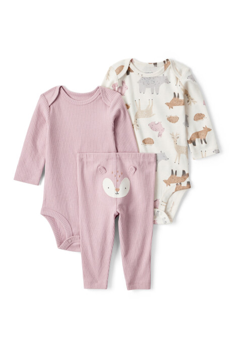 Set tres piezas de algodón, pantalón y dos bodies manga larga, diseño ciervo Set tres piezas de algodón, pantalón y dos bodies manga larga, diseño ciervo