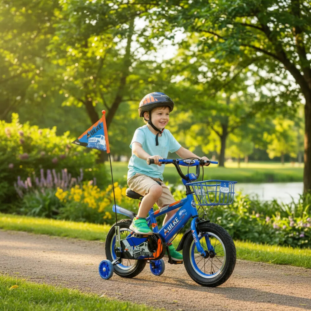 Bicicleta rodado 16 con rueditas, canasto, casco y banderita Azul