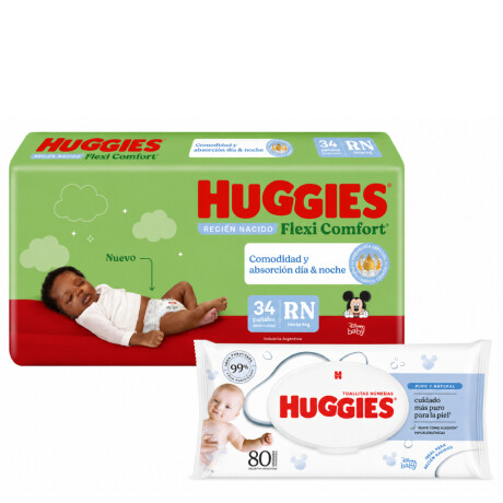 Pack Huggies Pañales Flexi Comfort RN 34 Unidades + Toallitas Húmedas Puro y Natural 80 Unidades Pack Huggies Pañales Flexi Comfort RN 34 Unidades + Toallitas Húmedas Puro y Natural 80 Unidades