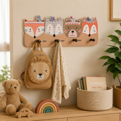 Perchero Infantil De Pared Animales 4 Ganchos Redondeado MDF Marrón 1